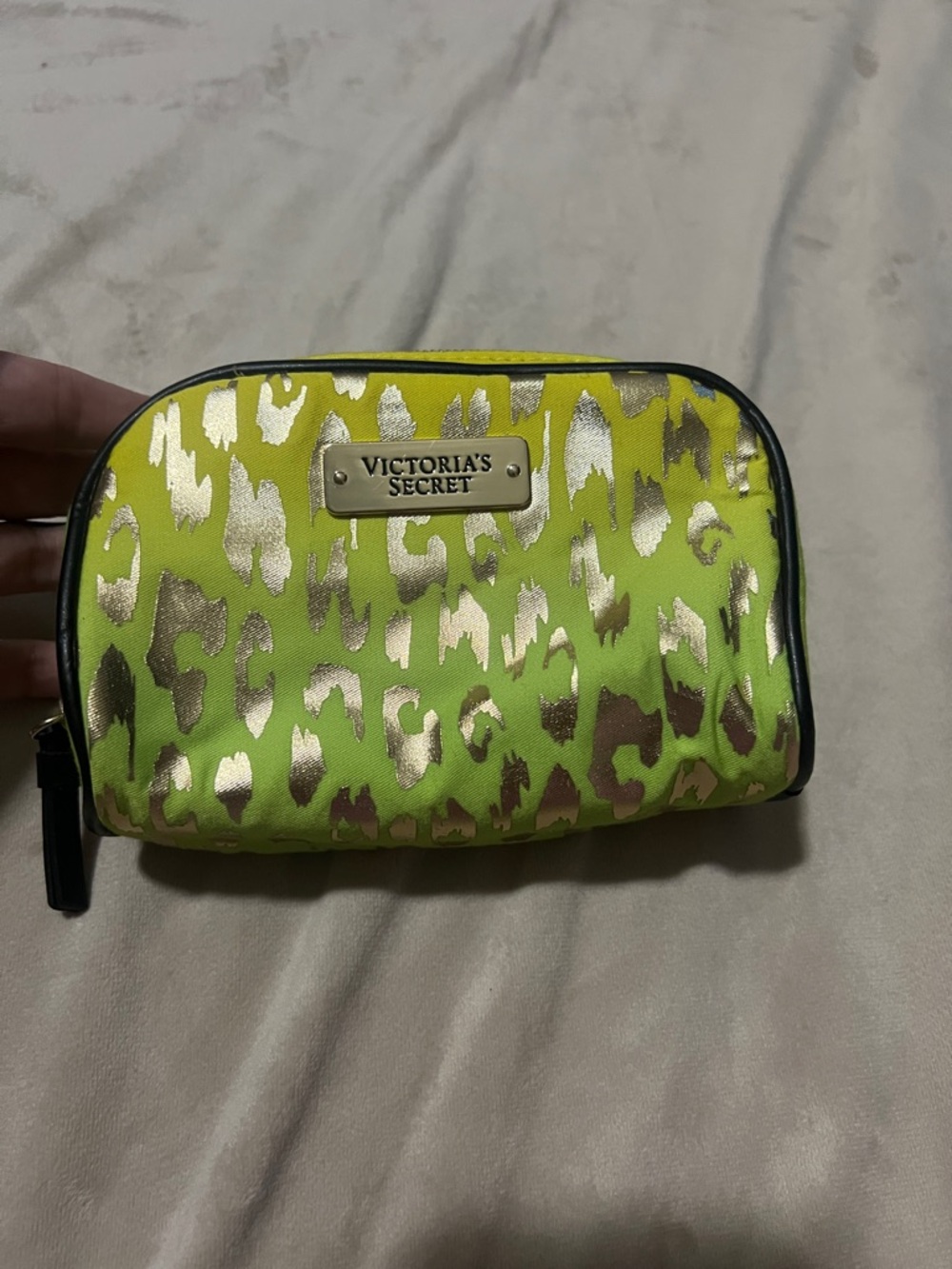 Victoria's Secret Neon Green Cosmetic Bag with Gold Leopard Print